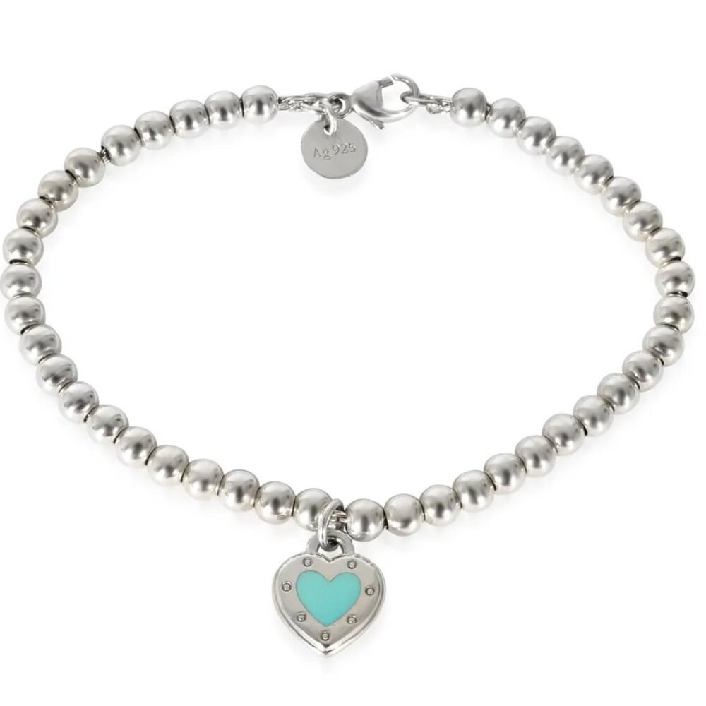 Rare Auth $395 Tiffany Co Love Blue Heart Tag Bead Sterling Silver Bracelet 7,5"